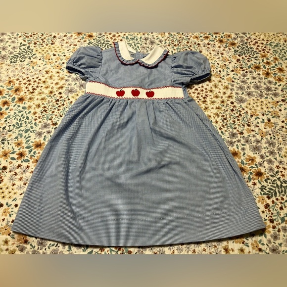 Smocked Apple Dress with Puff Sleeves and Peter Pan Collar - Picture 1 of 6